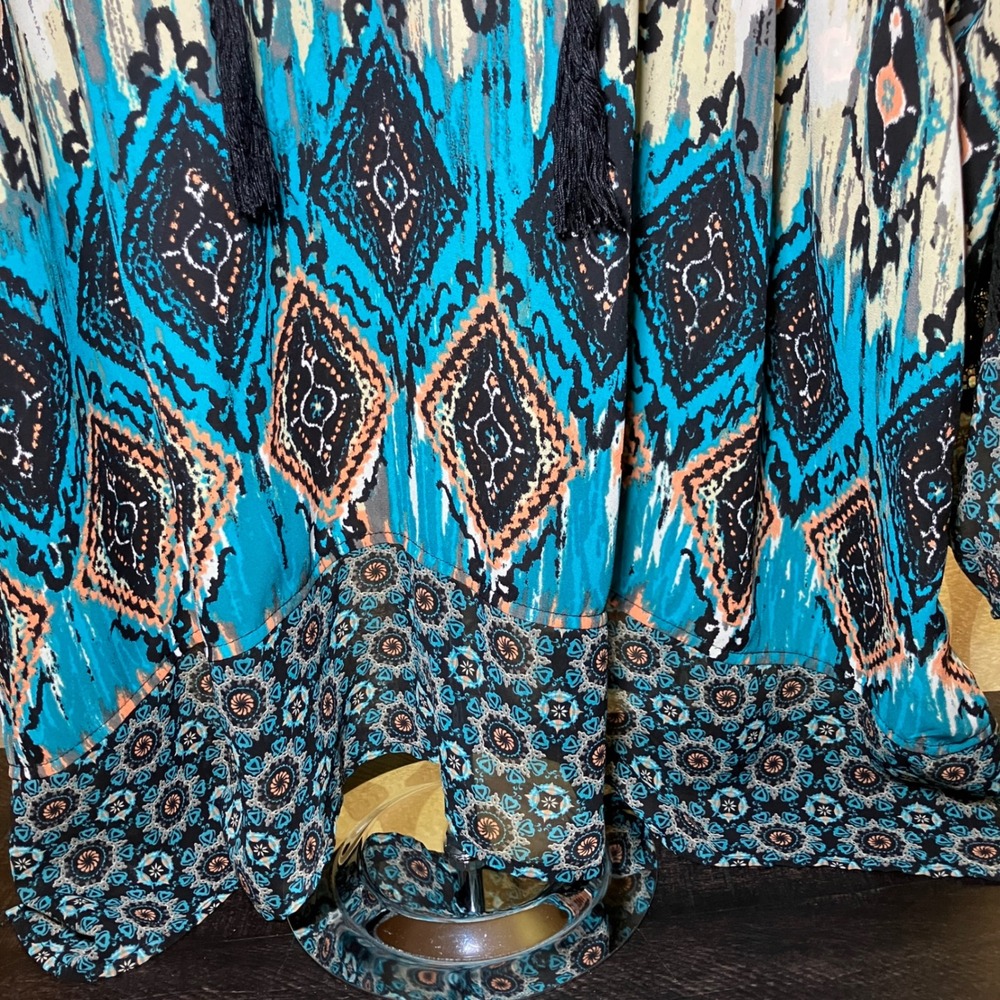 Multiples Peasant Blouse Women 3X Blue Boho Mixed Print Tassel Lace Trim Top - Picture 4 of 12